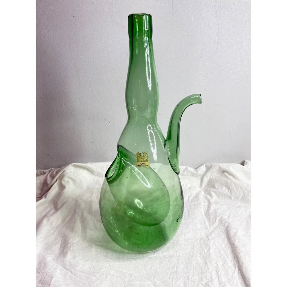 Vintage Green Glass Wine Carafe Decanter with Handle and Spout Unique Art Glass